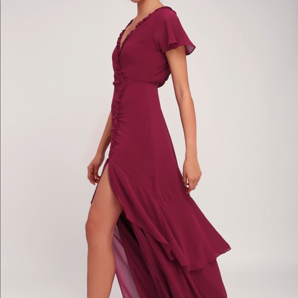 Lulu’s Pour the Champagne Burgundy Ruffled Backless Maxi dress